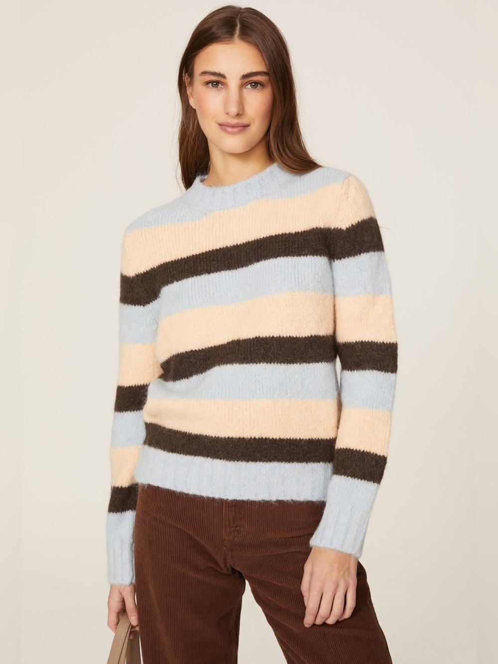 A.P.C. Marion Striped Suri Alpaca Blend Knit Crewneck Sweater Blue Tan Small S